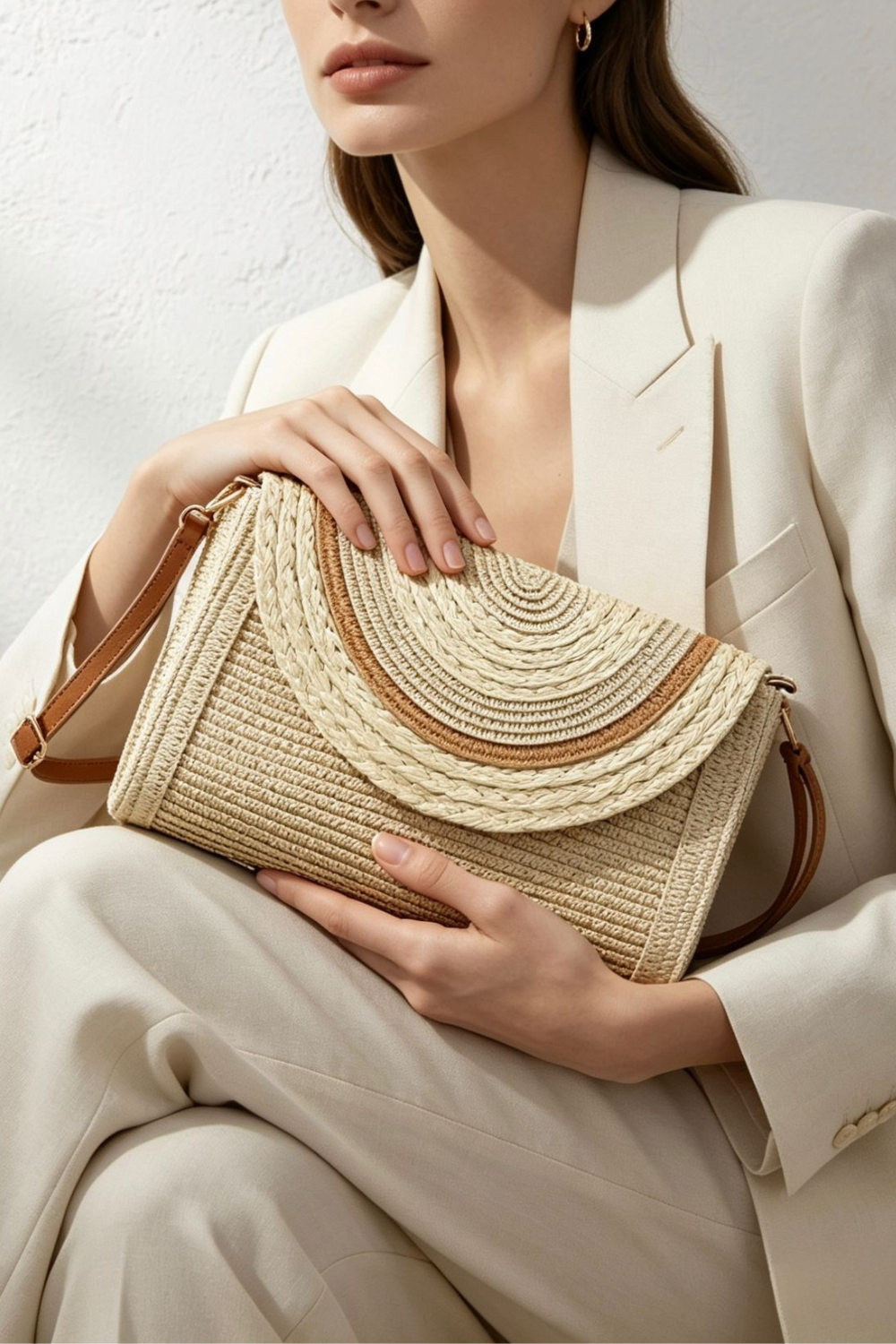 Woven Natural Raffia Fold-Over Clutch Bag