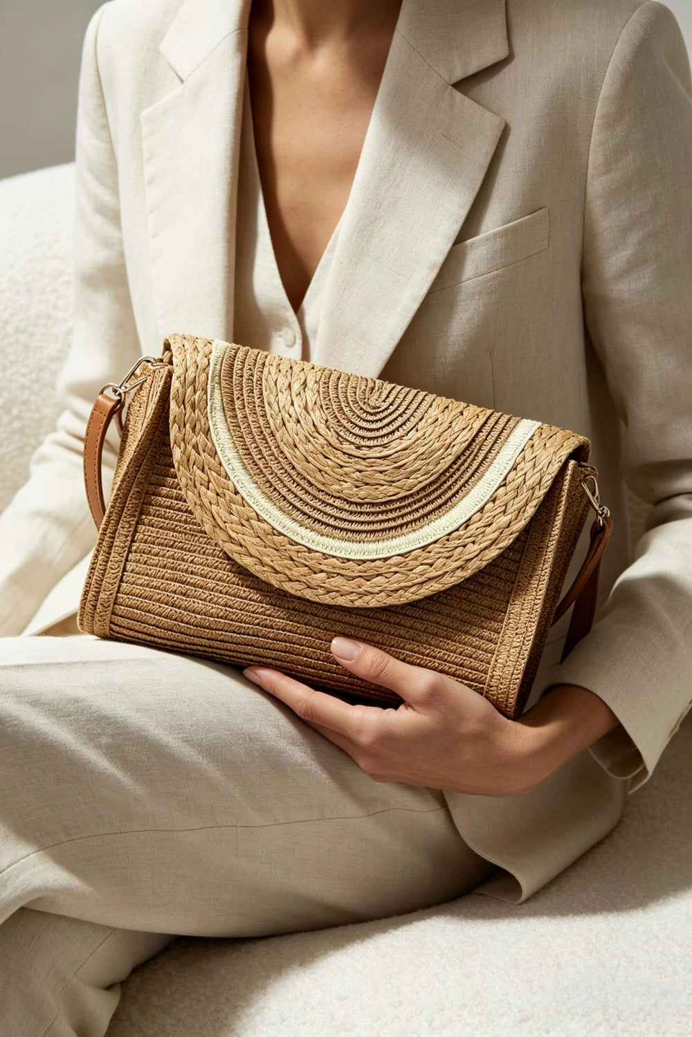 Woven Dark Raffia Fold-Over Clutch Bag