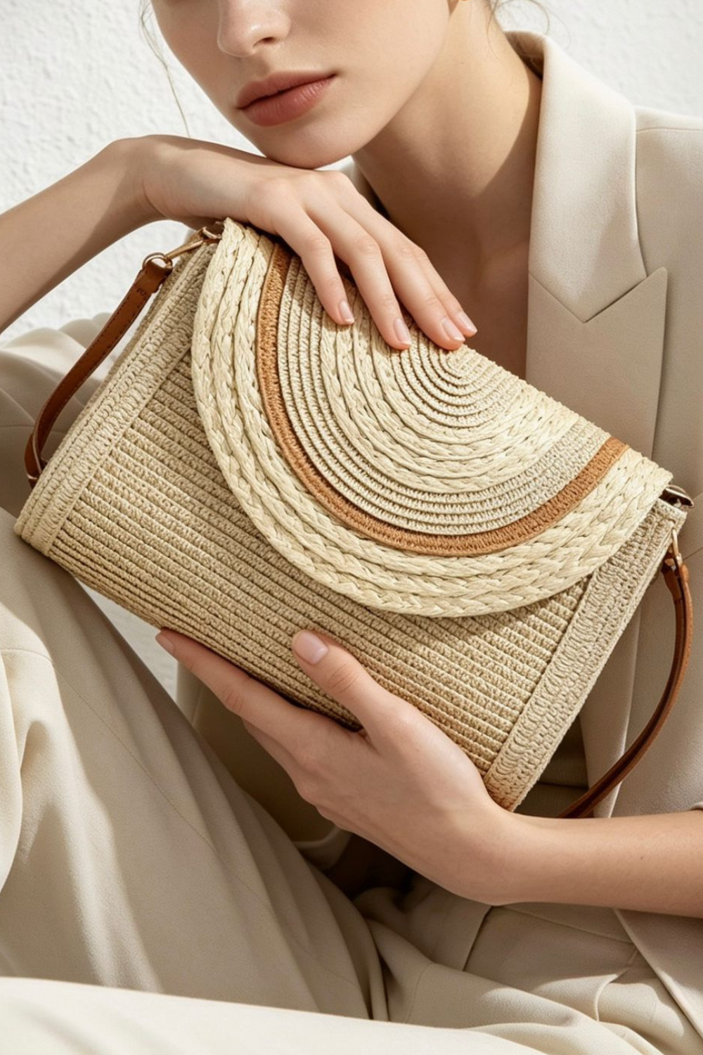 Woven Natural Raffia Fold-Over Clutch Bag
