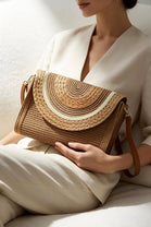 Woven Dark Raffia Fold-Over Clutch Bag