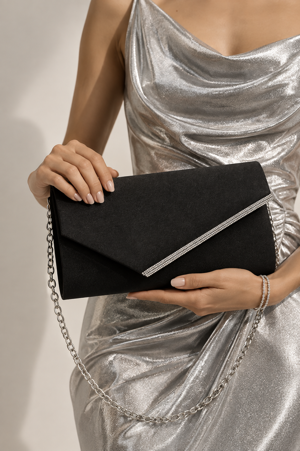 Wholesale Black Satin Rhinestone Trim Evening Clutch & Crossbody Bag