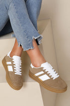 KHAKI LACE UP CHUNKY SIDE DETAIL FLAT SNEAKERS TRAINERS