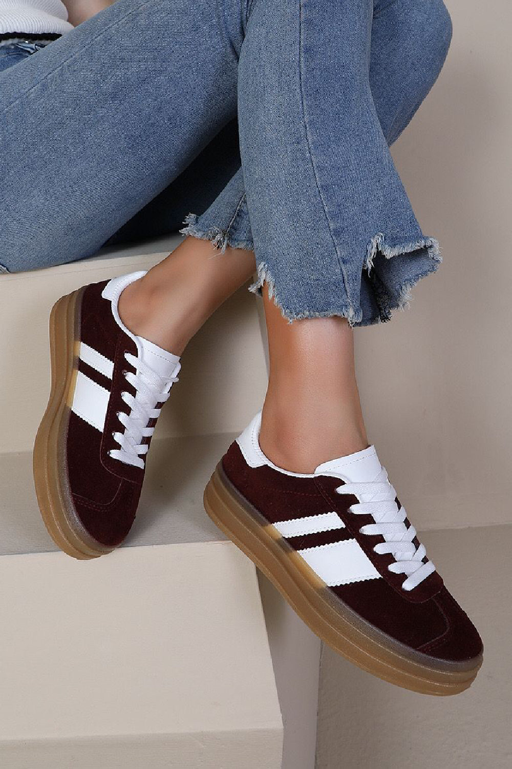 WINE RED LACE UP CHUNKY SIDE DETAIL FLAT SNEAKERS TRAINERS