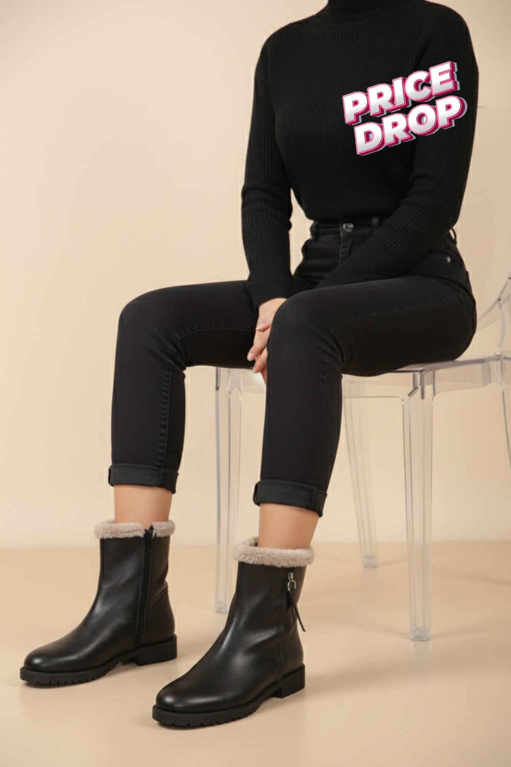 Black PU Ankle Boots with Faux Fur Lining