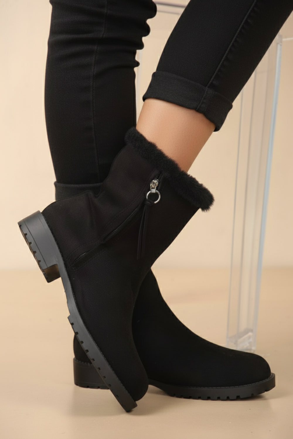 Black Suede Ankle Boots with Faux Fur Lining