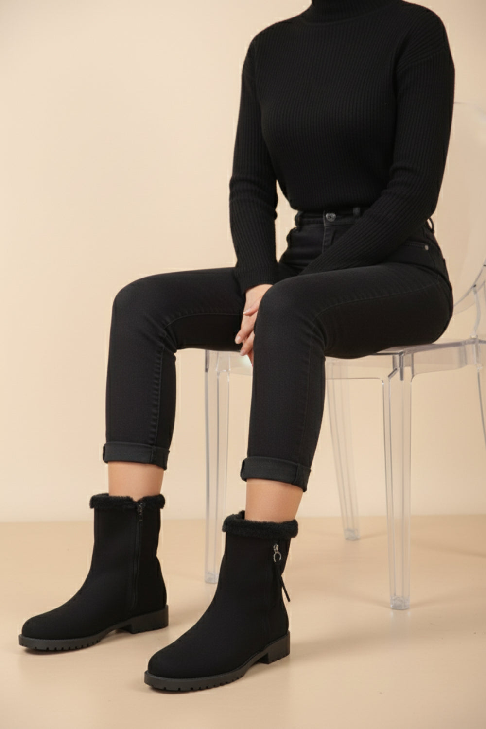 Black Suede Ankle Boots with Faux Fur Lining