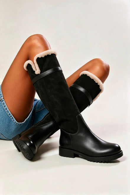 Black Knee High Boots with Faux Fur Trim and Lining