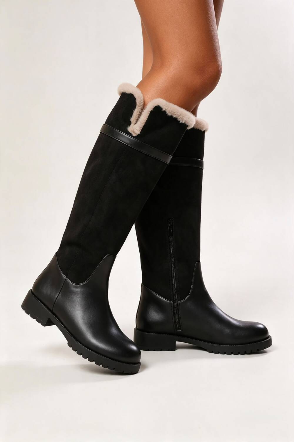 Black Knee High Boots with Faux Fur Trim and Lining