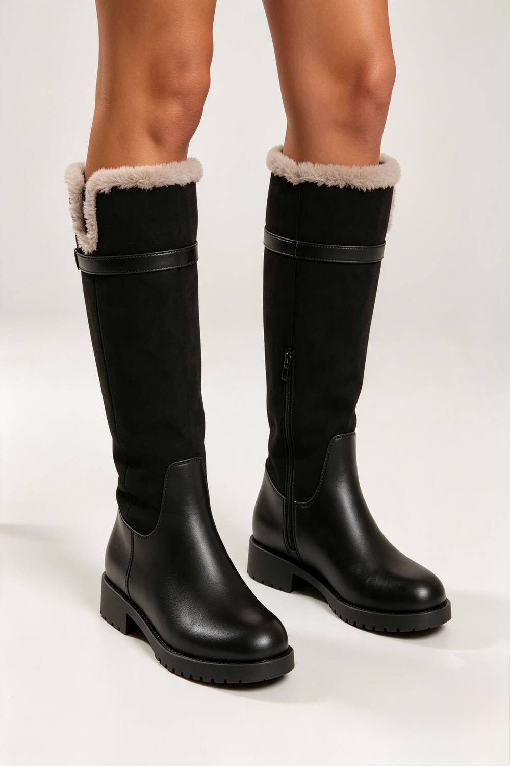 Black Knee High Boots with Faux Fur Trim and Lining