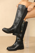 Black PU Designer Detail Knee High Heeled Boot