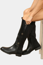 Black PU Designer Detail Knee High Heeled Boot