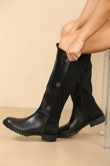 Black PU Designer Detail Knee High Heeled Boot