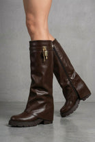 Brown Faux Leather Fold Over Knee High Boots With Padlock