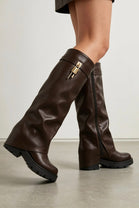 Brown Faux Leather Fold Over Knee High Boots With Padlock