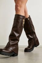 Brown Faux Leather Fold Over Knee High Boots With Padlock