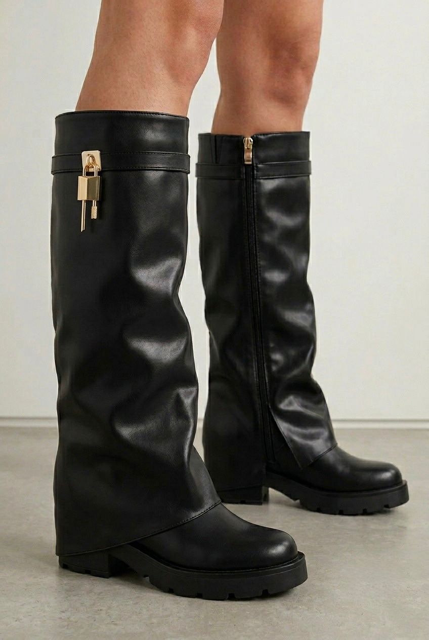 Black Faux Leather Fold Over Knee High Boots With Padlock
