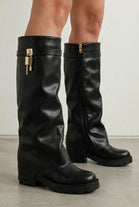 Black Faux Leather Fold Over Knee High Boots With Padlock