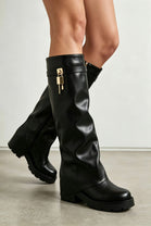 Black Faux Leather Fold Over Knee High Boots With Padlock
