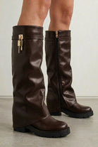 Brown Faux Leather Fold Over Knee High Boots With Padlock
