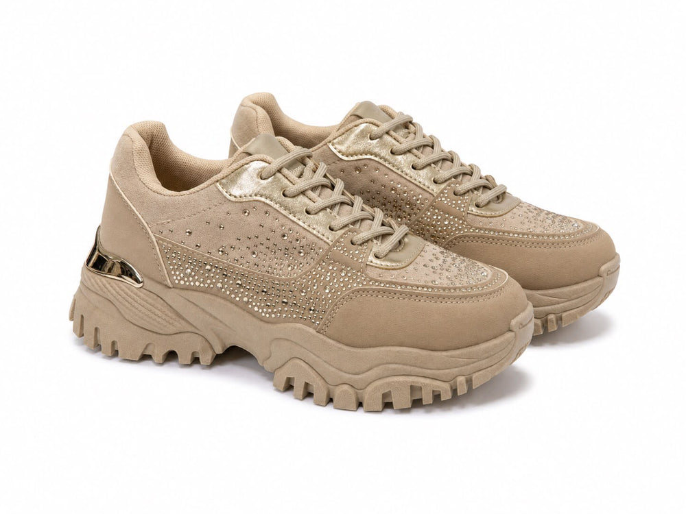 Women's Rhinestone Embellished Khaki Chunky Trainers | Wholesale Footwear