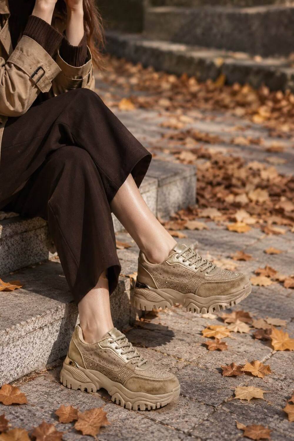 Women's Rhinestone Embellished Khaki Chunky Trainers | Wholesale Footwear