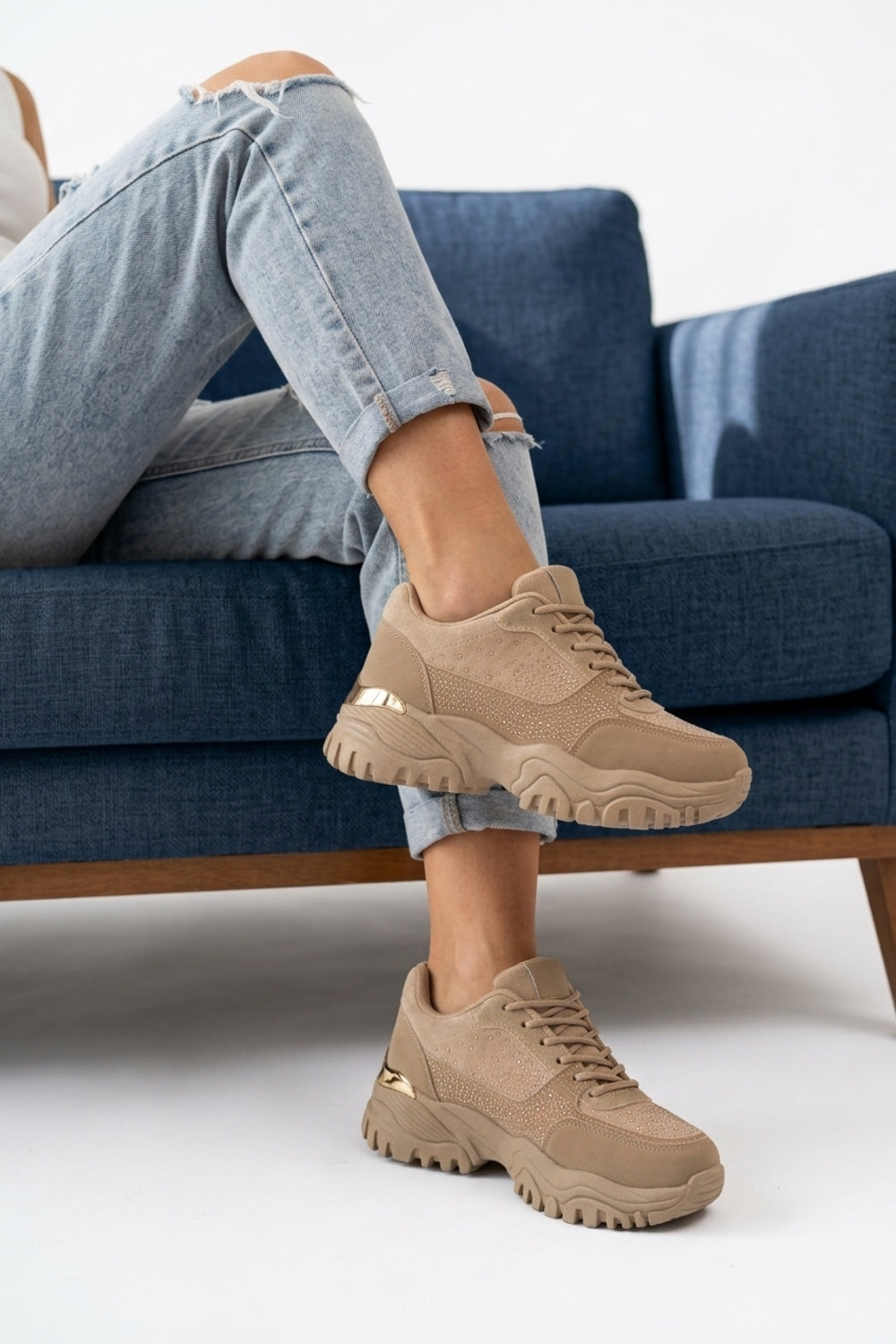 Women's Rhinestone Embellished Khaki Chunky Trainers | Wholesale Footwear