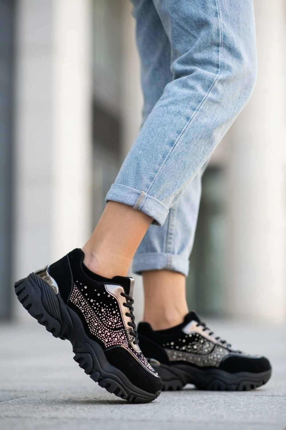 Women's Rhinestone Embellished Black Chunky Trainers | Wholesale Footwear