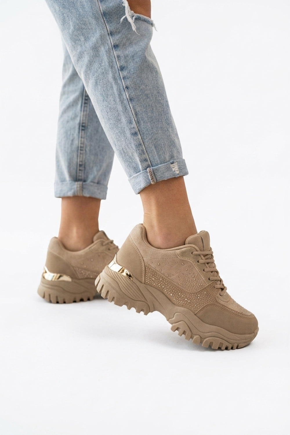 Women's Rhinestone Embellished Khaki Chunky Trainers | Wholesale Footwear