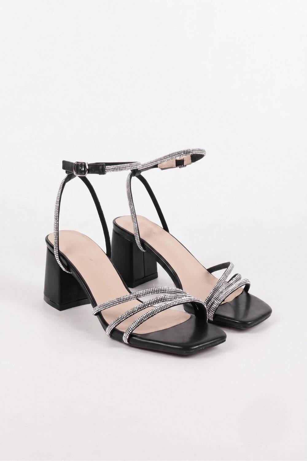 Women's Black Sparkling Rhinestone Strappy Block Heel Sandals | Bridal & Evening Collection