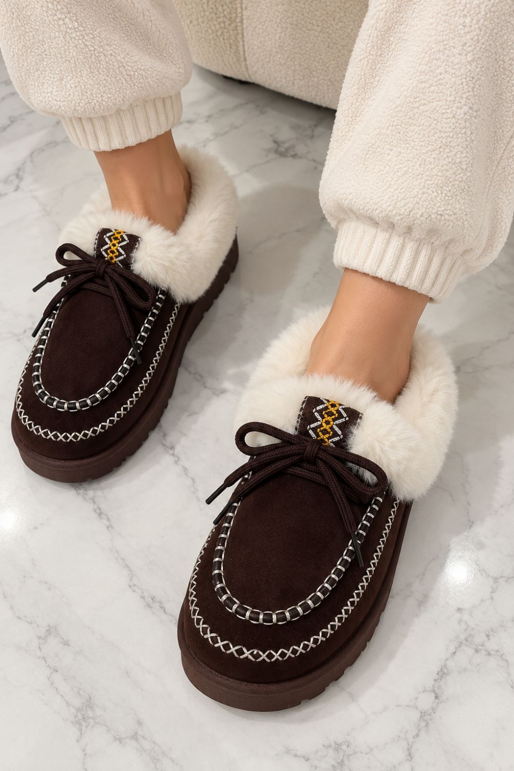 Cozy Fur Lined Moccasin Slippers in Brown | Wholesale