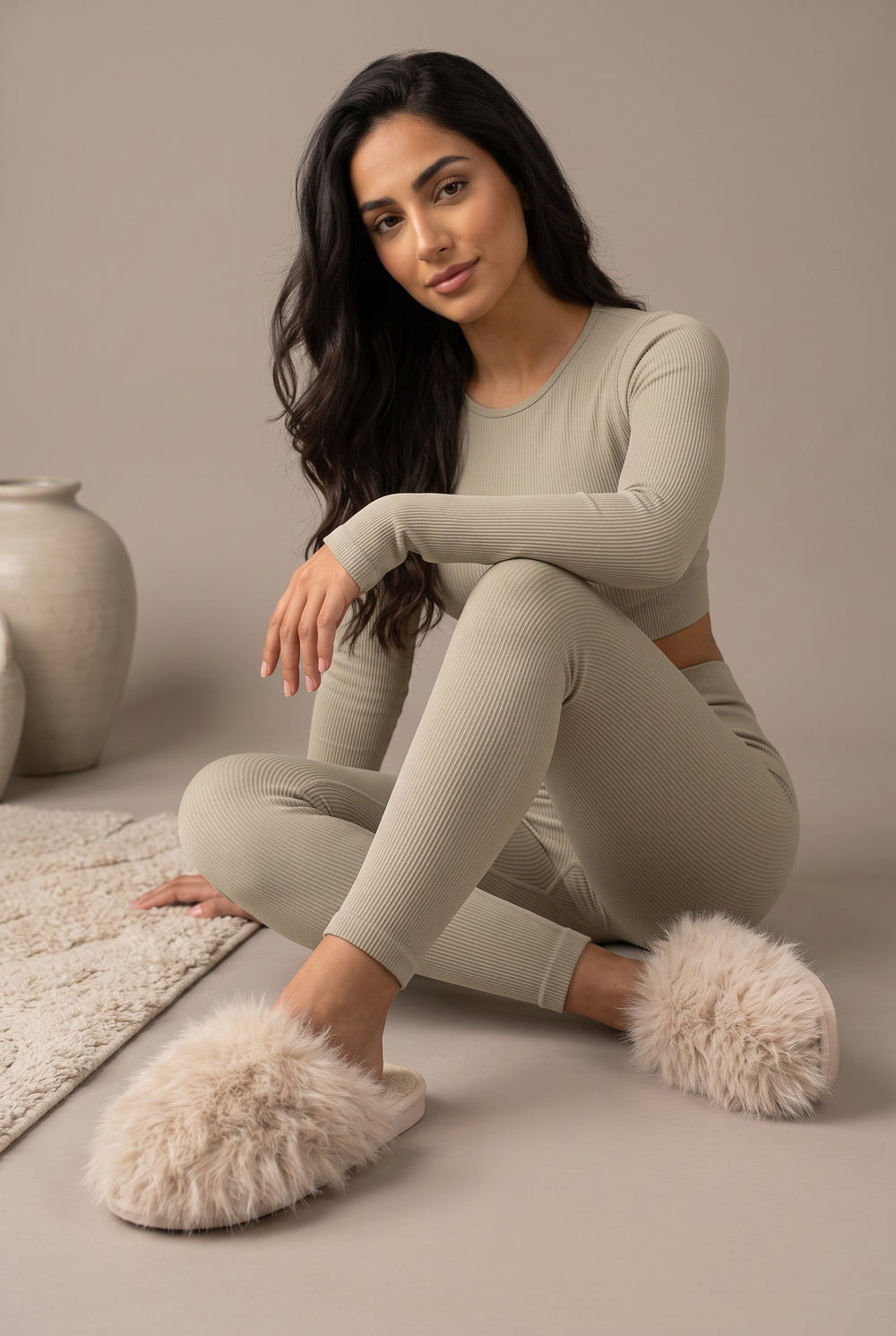 Khaki Faux Fur Fluffy Slippers - 12 Pairs