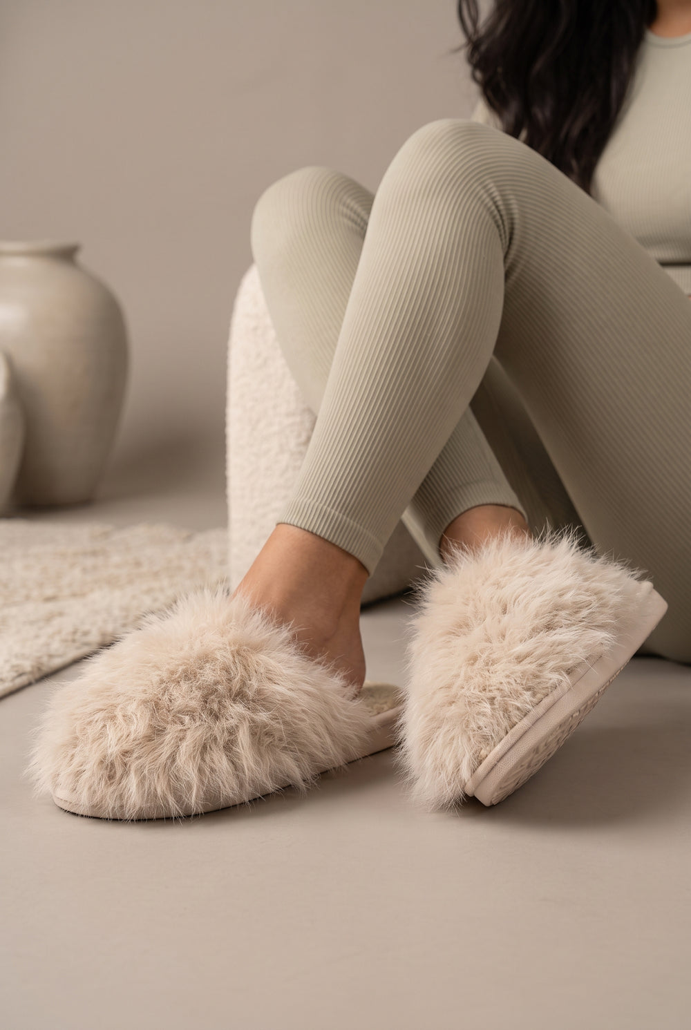 Khaki Faux Fur Fluffy Slippers - 12 Pairs