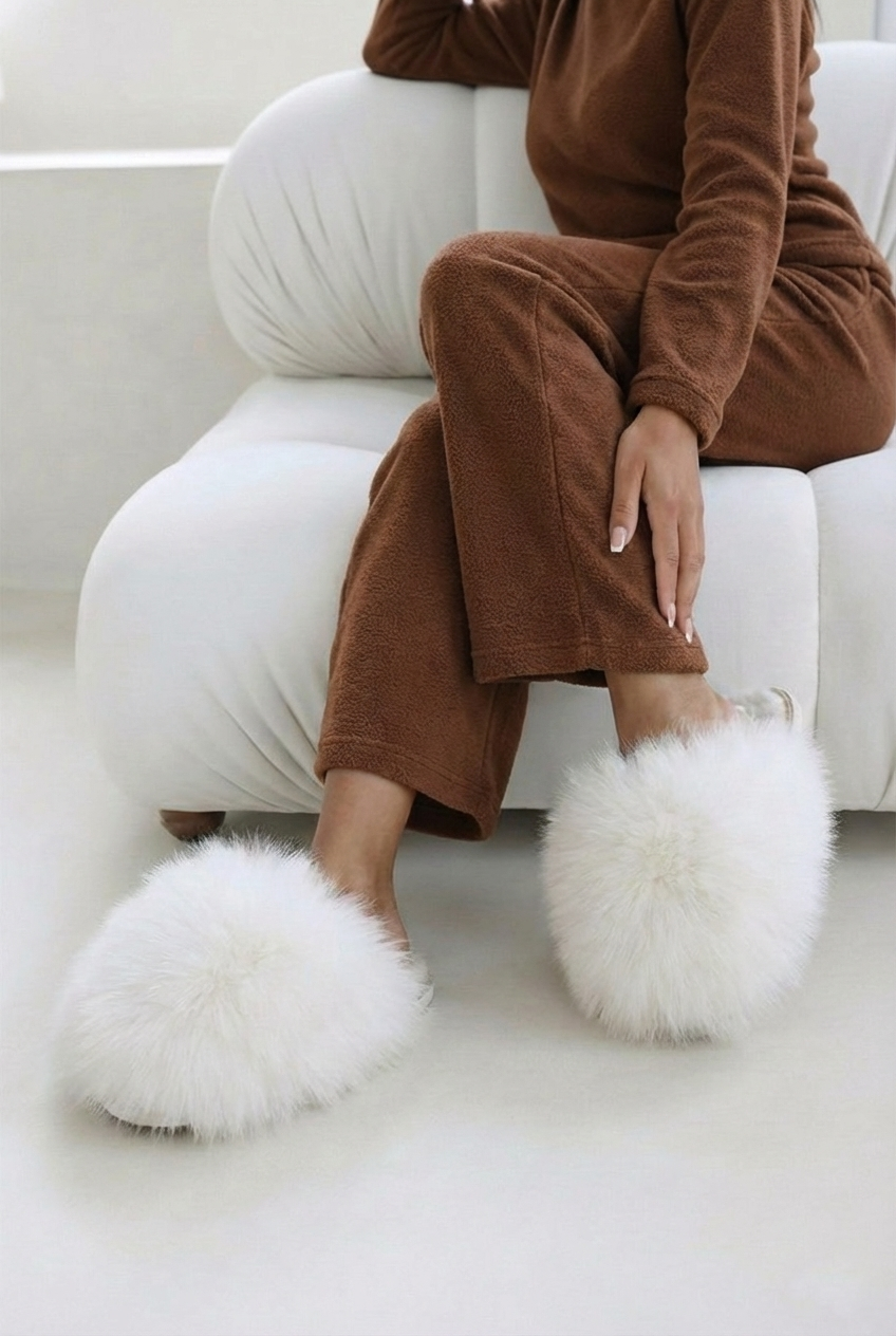 White Faux Fur Fluffy Slippers - 12 Pairs