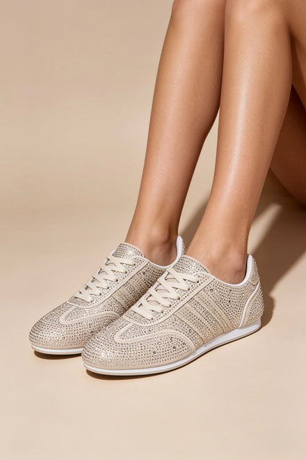 Crystal Embellished Comfort Trainers in Beige – Women’s Premium Wholesale Footwear