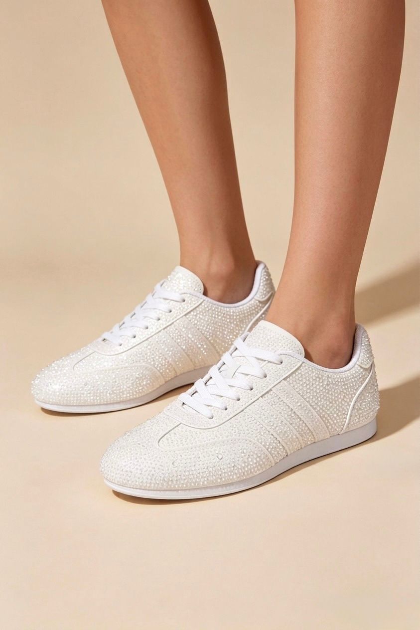 Crystal Embellished Comfort Trainers in White – Women’s Premium Wholesale Footwear