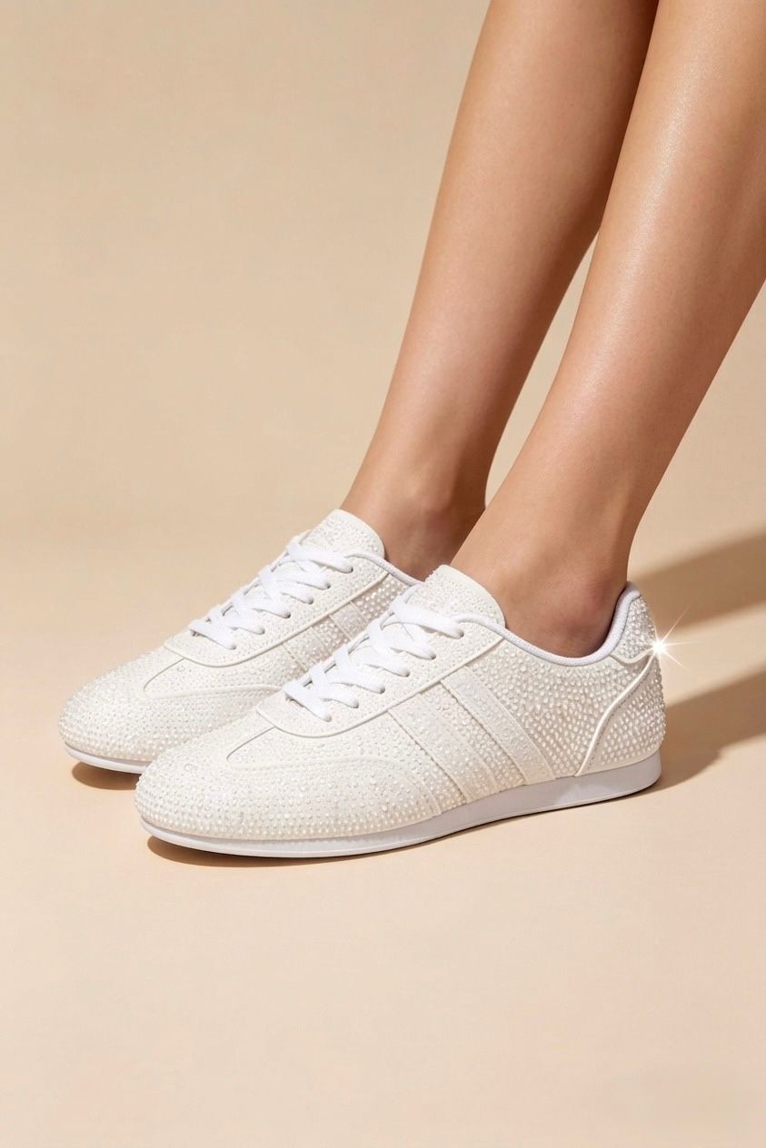 Crystal Embellished Comfort Trainers in White – Women’s Premium Wholesale Footwear