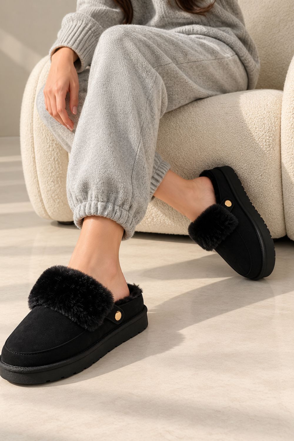 Cozy Fur Lined Mule Slippers in Black | Wholesale