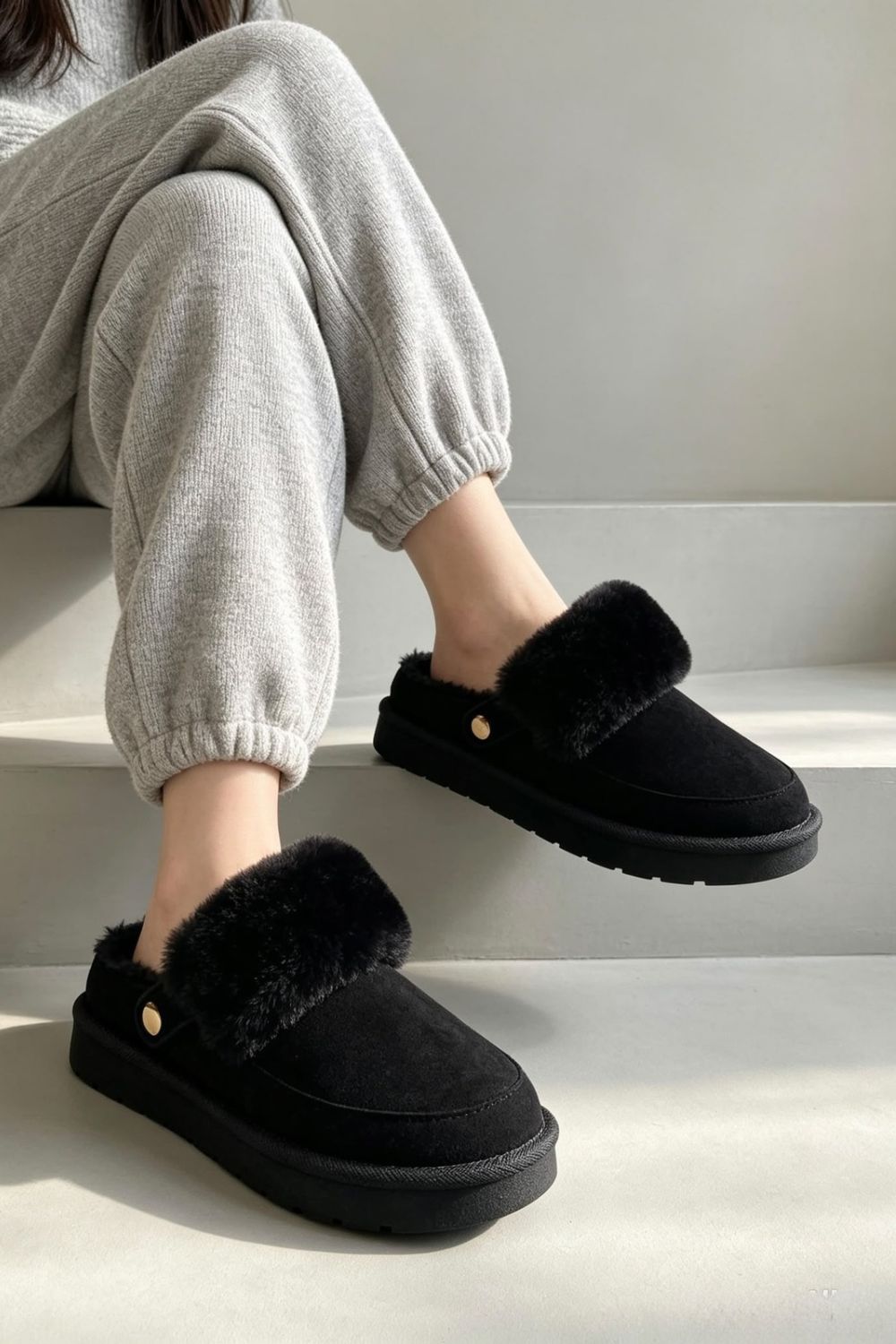 Cozy Fur Lined Mule Slippers in Black | Wholesale