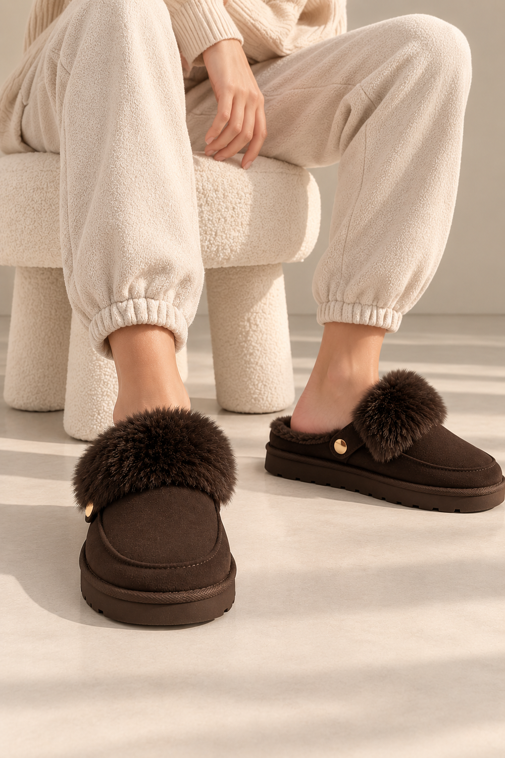 Cozy Fur Lined Mule Slippers in Brown | Wholesale