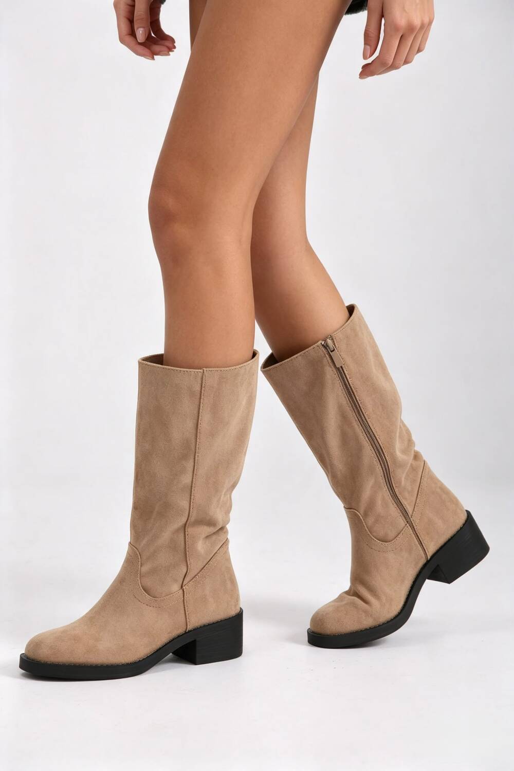 Camel Suede Mid-Calf Boots