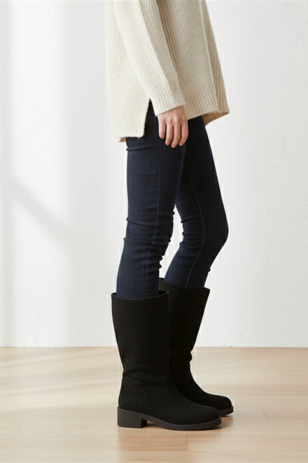 Black Suede Designer Calf High Flat Boot
