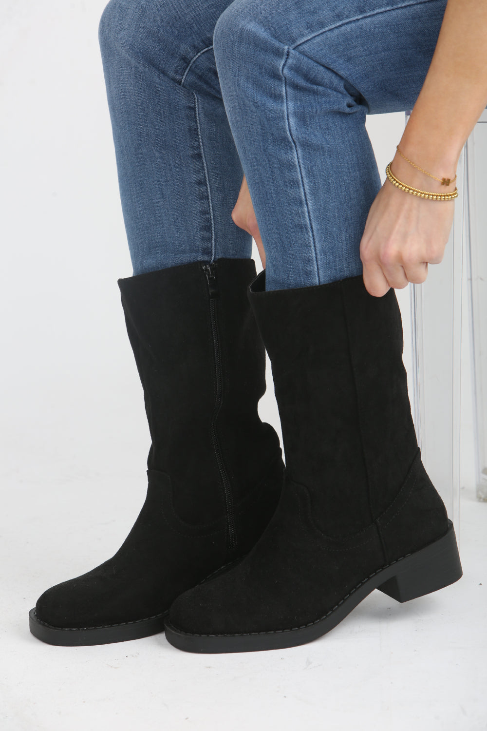 Black Suede Designer Calf High Flat Boot