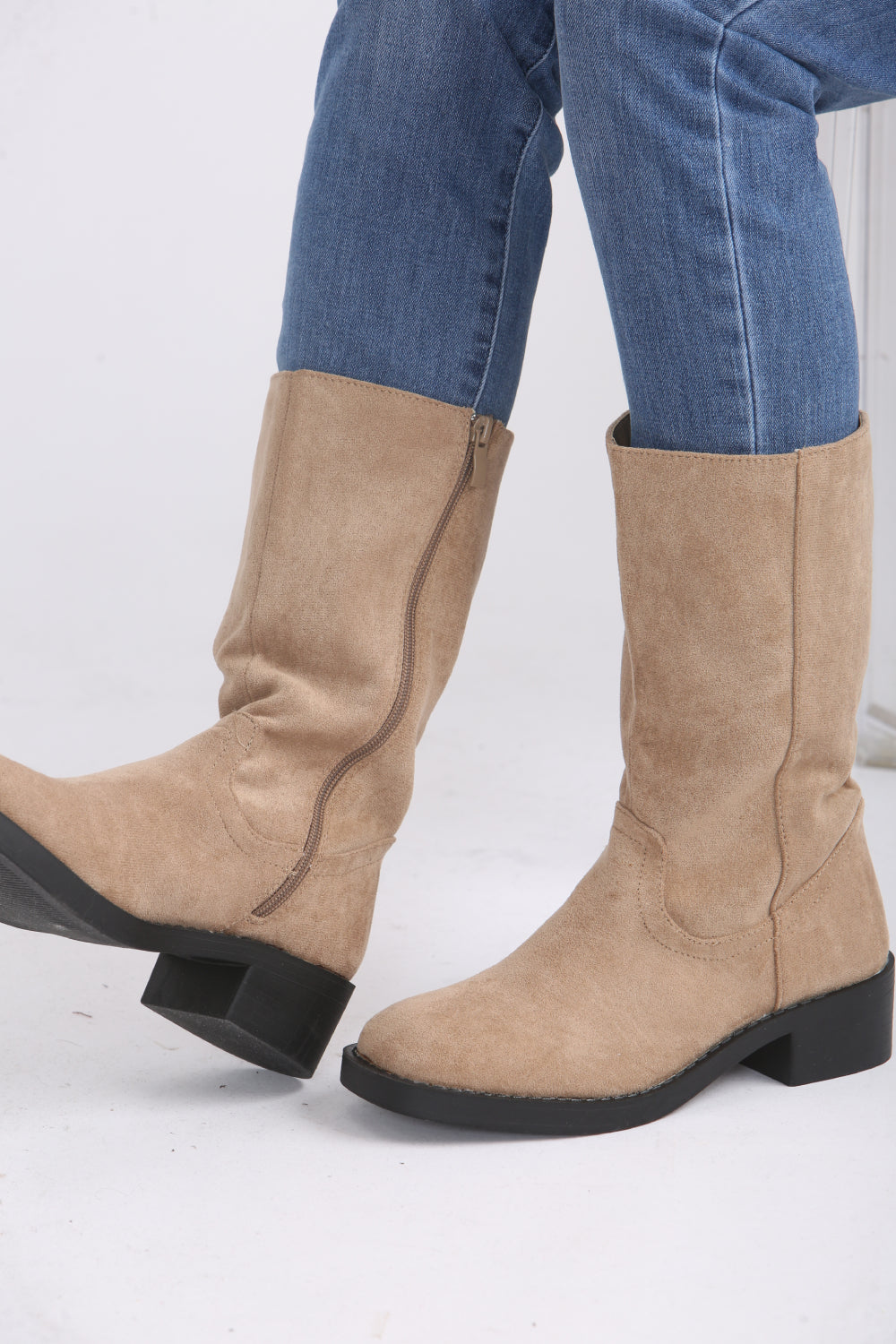 Camel Suede Designer Calf High Flat Boot