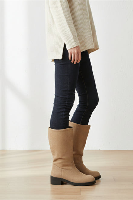 Camel Suede Designer Calf High Flat Boot