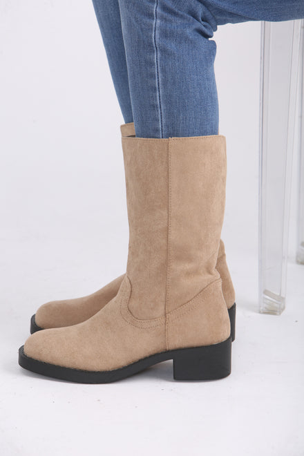 Camel Suede Designer Calf High Flat Boot (PACK A)