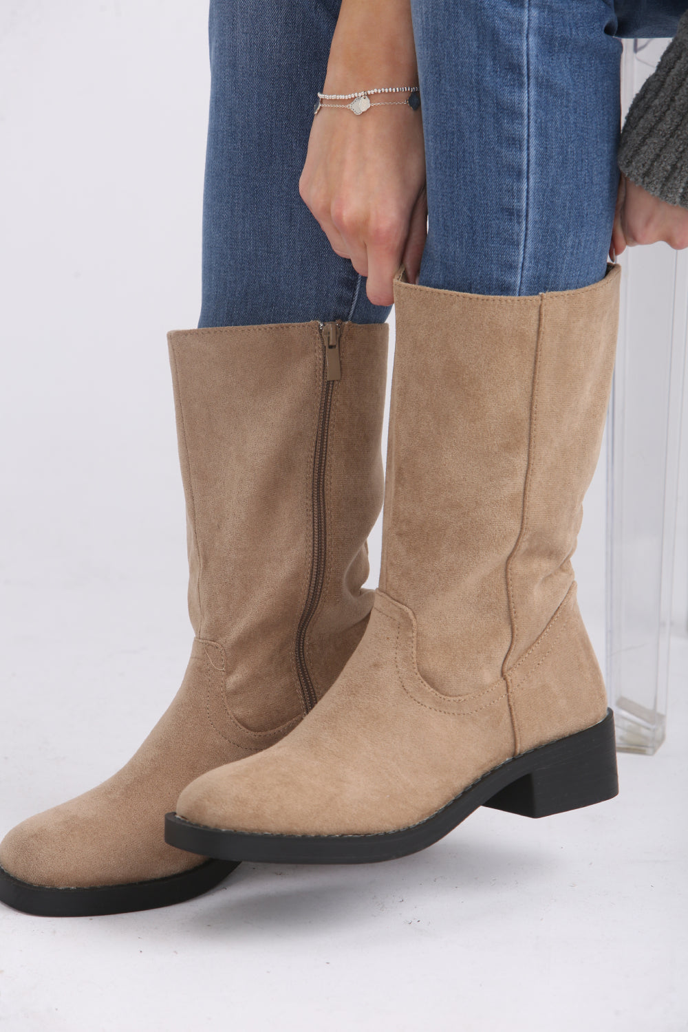 Camel Suede Designer Calf High Flat Boot