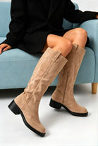 Women's Camel Suede Knee-High Low Block Heel Winter Boots