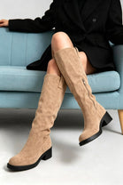 Women's Camel Suede Knee-High Low Block Heel Winter Boots