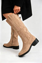 Women's Camel Suede Knee-High Low Block Heel Winter Boots