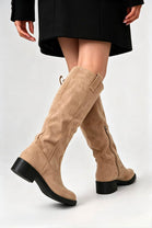 Women's Camel Suede Knee-High Low Block Heel Winter Boots